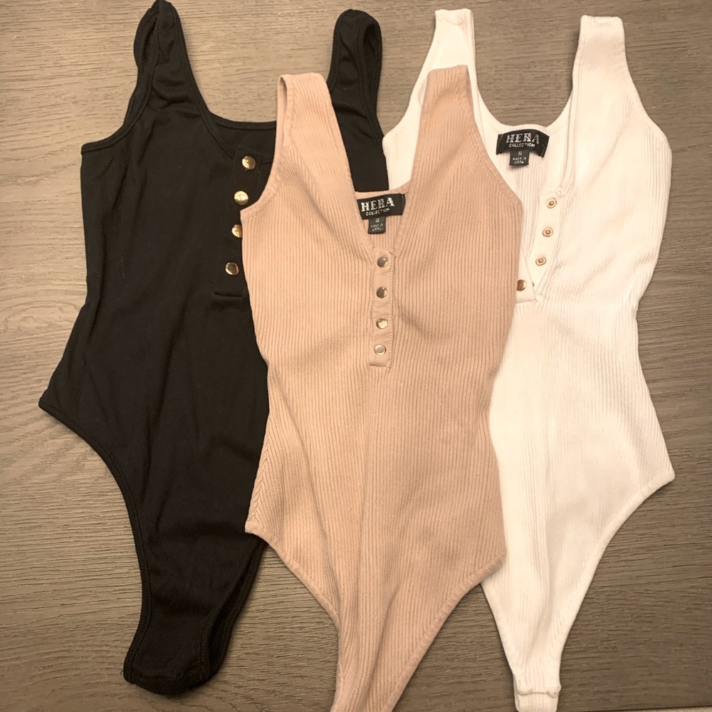 3 button up bodysuits black, nude and white